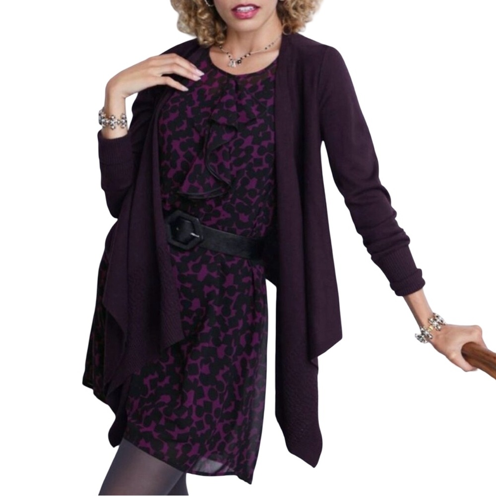 Cabi #3876 Purple & Black Print Chiffon Going Out Sleeveless Dress Size Large